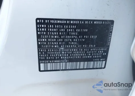 2021 Volkswagen Tiguan 2.0T Se/2.0T Se R-Line Black/2.0T Sel из США, поврежденный, VIN 3VV2B7AX9MM076781